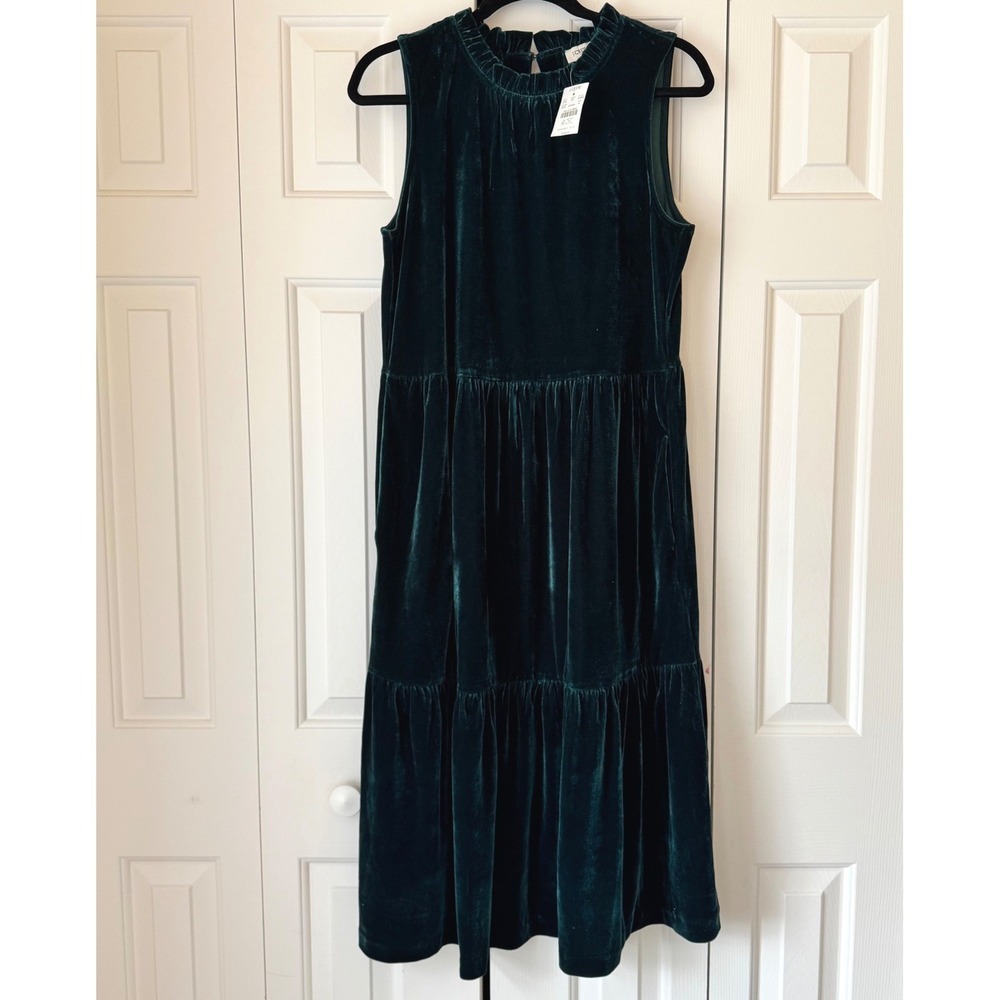 J.Crew Green Velvet Tiered Midi Dress Sleeveless Ruffle Neck BV966 Womens 8 NEW